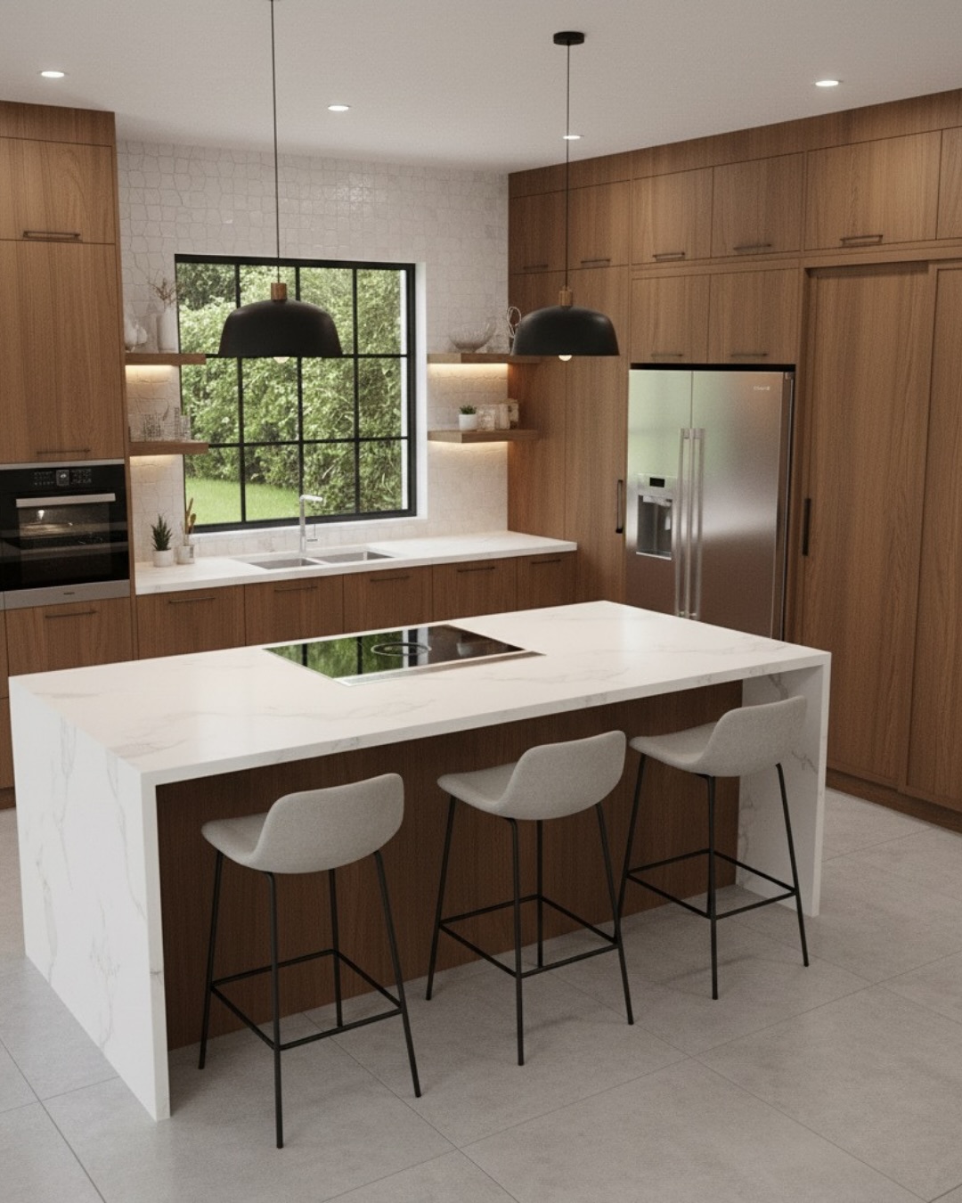 Cozinha planejada com ilha central, marcenaria em madeira e banquetas